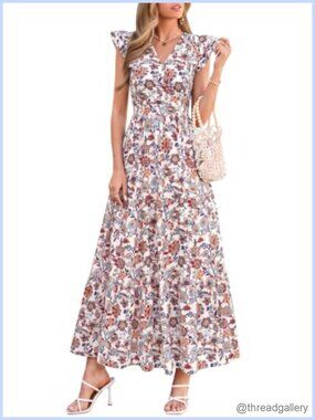 Women's Floral Maxi Wrap Dress Ruffle Sleeve Flowy Beach Casual